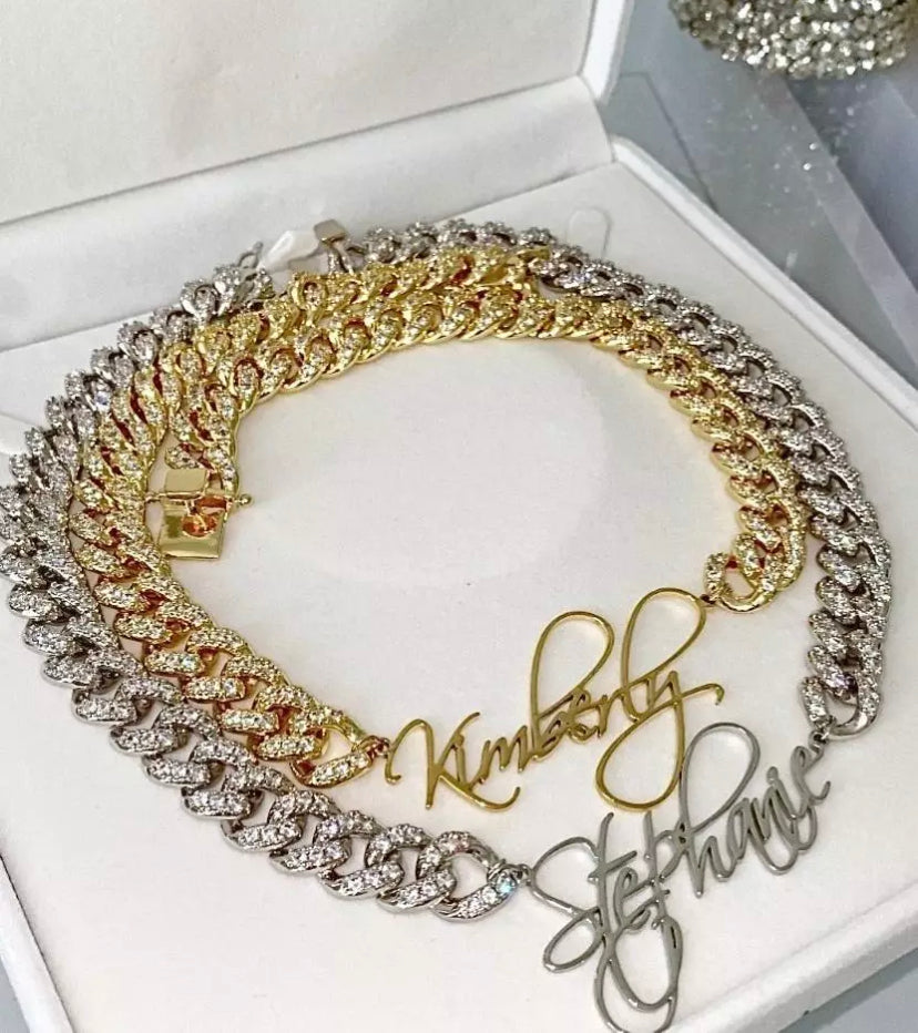 Custom Stainless Steel Name Pendant with12mm Rhinestone Alloy Cuban Chain Necklace